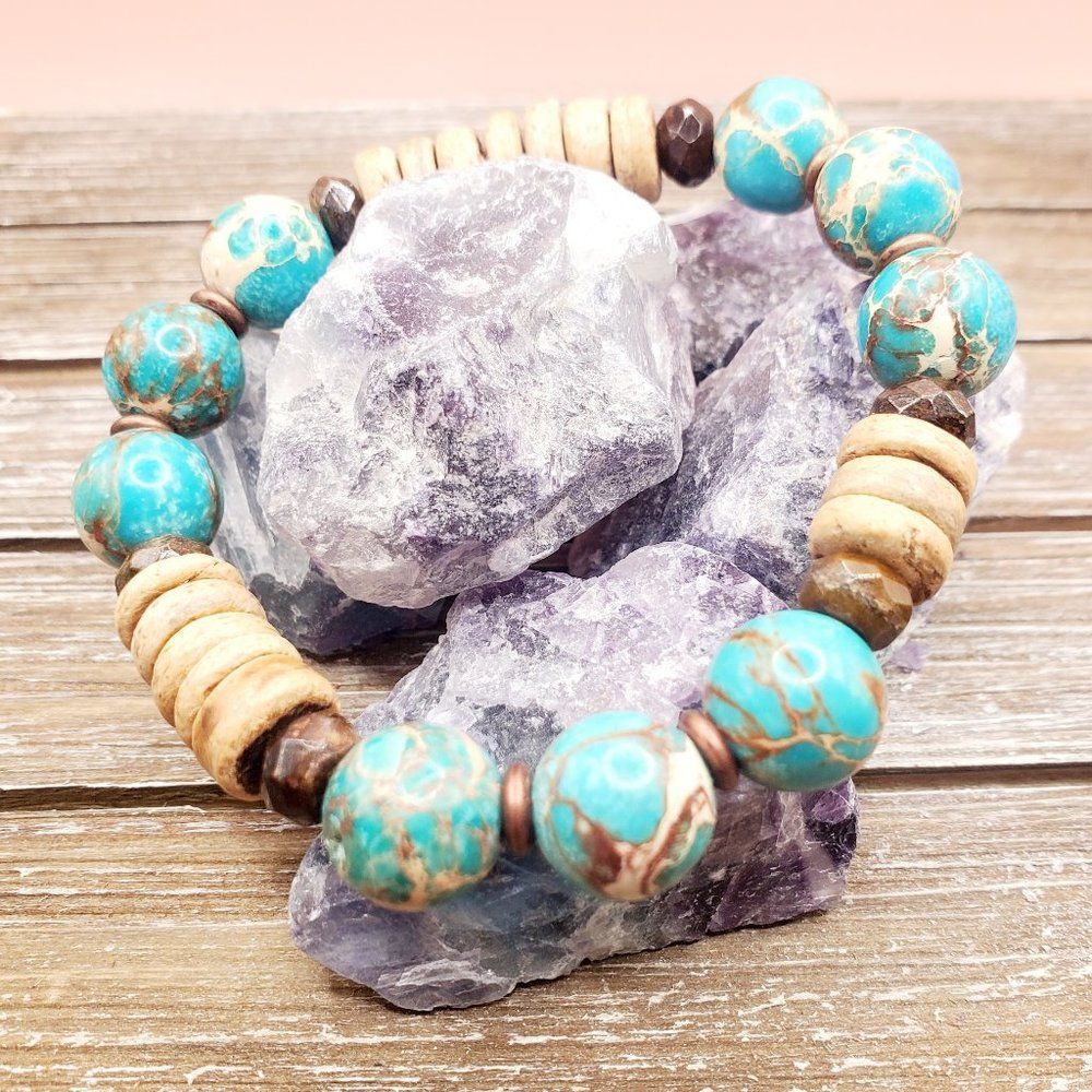 Imperial Jasper, Bronzite, Copper and Coconut Husk Chunky Bracelet